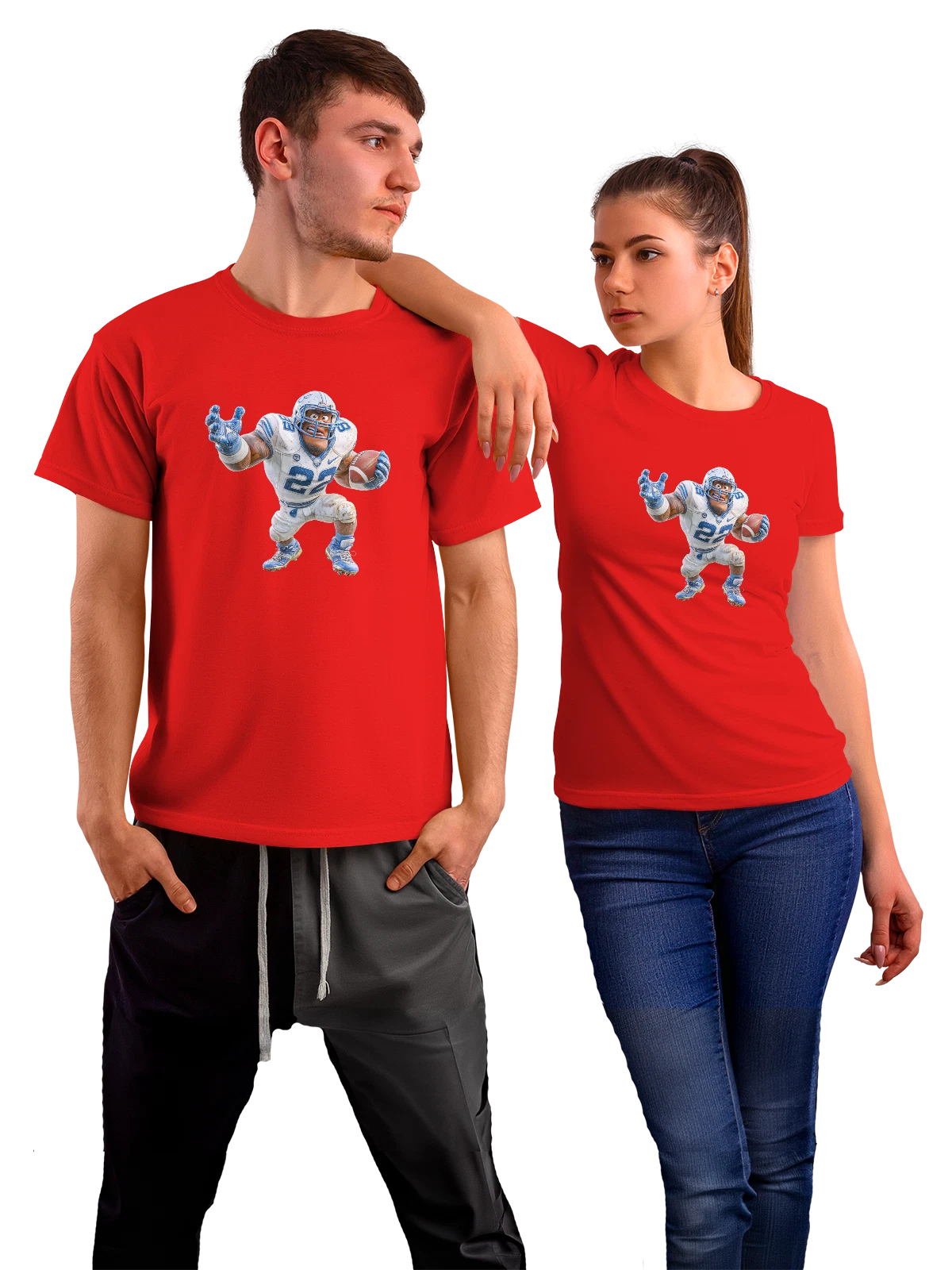 Футболка Американский футболист в синей форме красная с принтом — бело синий комплект — Красная, фото 1