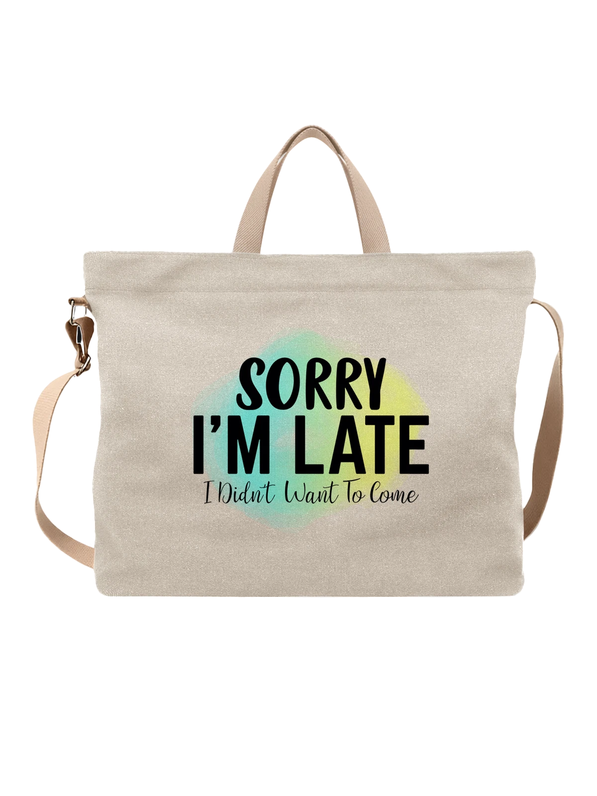 Сумка с надписью Sorry I'm Late белая с принтом — градиентный фон — Белая, фото 1