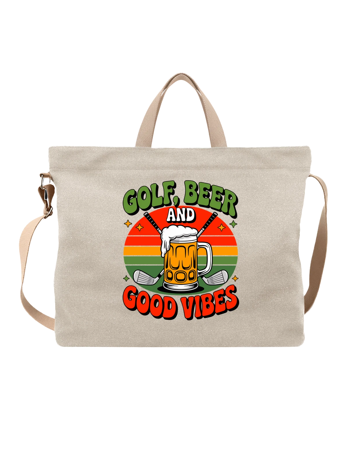 Сумка бежевая с принтом Beer stein с клюшками и надписью GOOD VIBES — гольф — Бежевая, фото 1