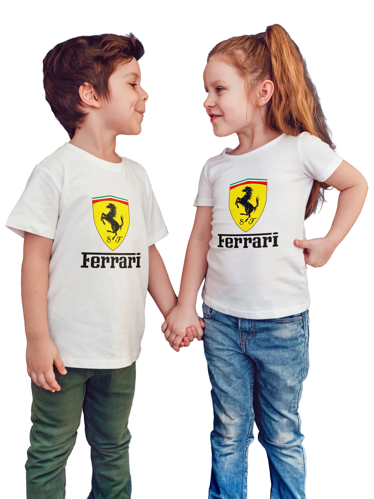 Футболка детская Ferrari белая с принтом — контрастный принт — Белая, фото 1