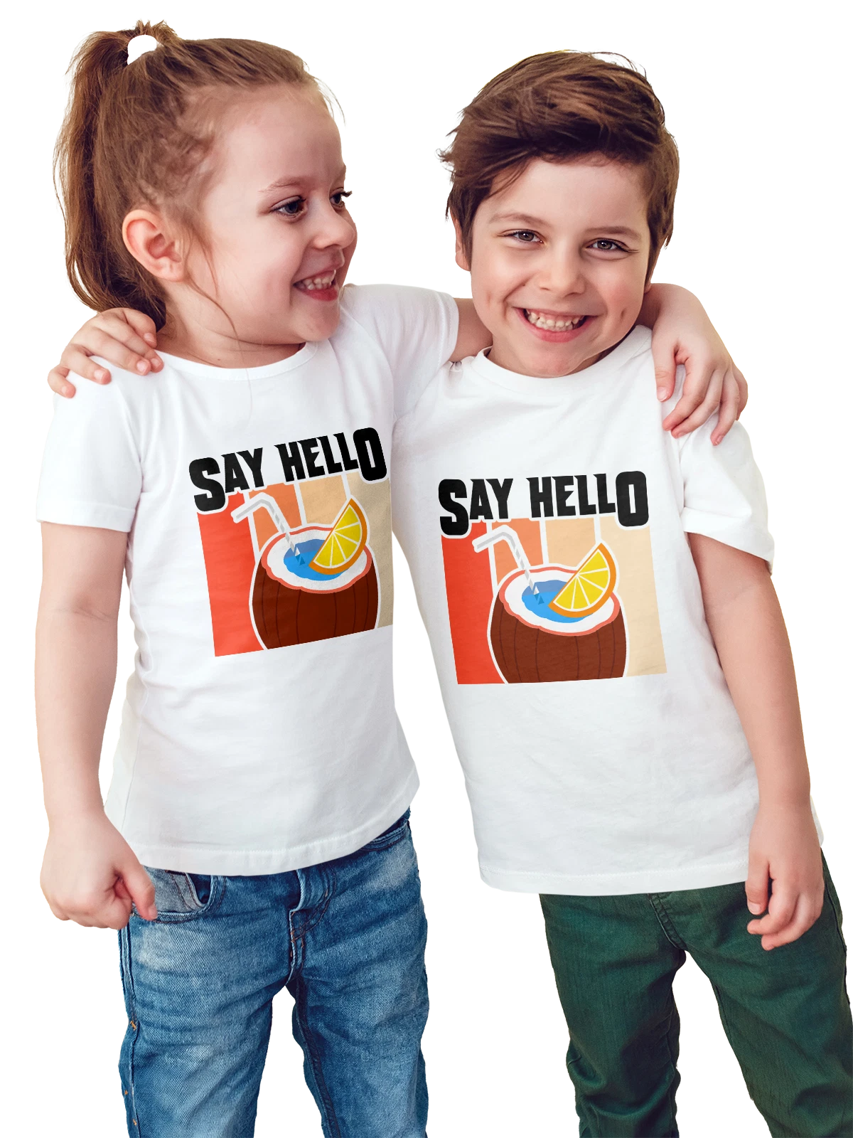 Футболка детская Кокос say hello белая с принтом — растительная пища — Белая, фото 1