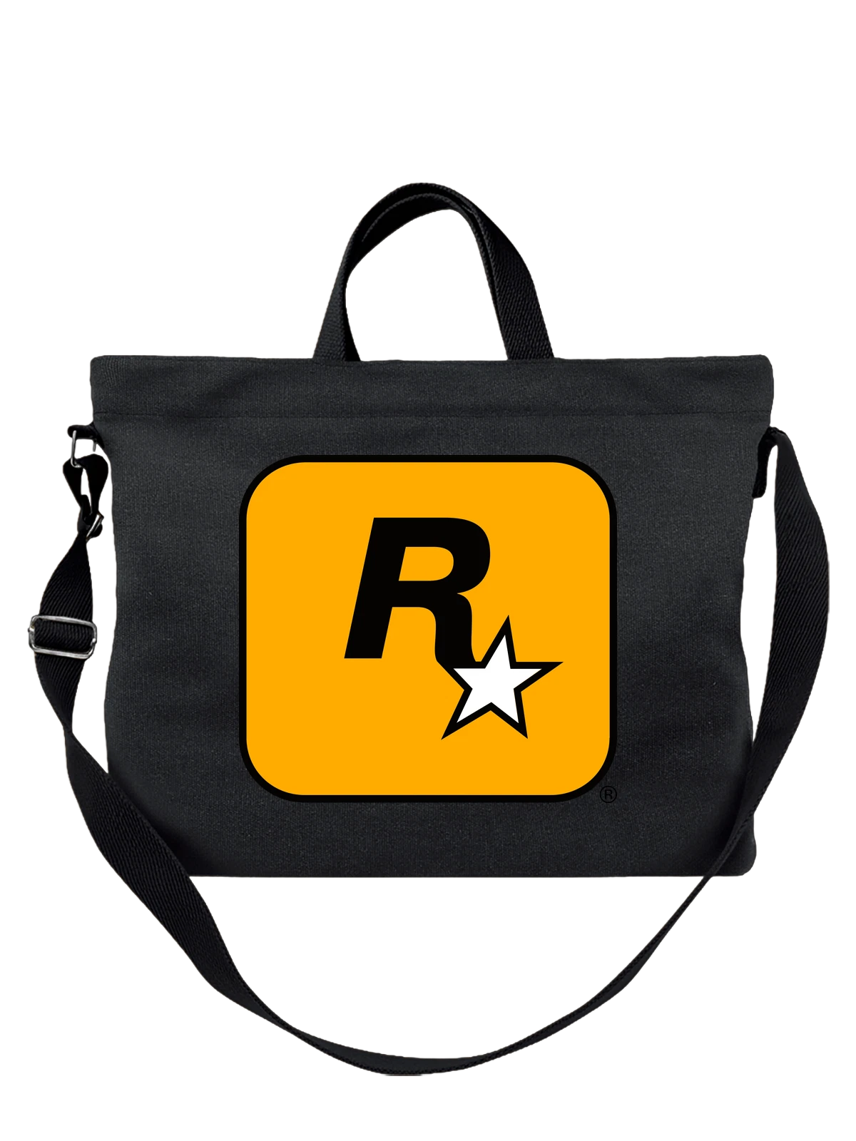 Сумка Логотип Rockstar Games R* желтый фон чёрная с принтом — видеоигры — Чёрная, фото 1