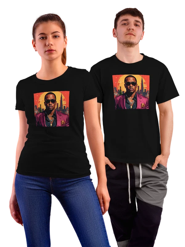 Футболка Пи Дидди в очках и фуксиновом пиджаке — Чёрная, фото 1