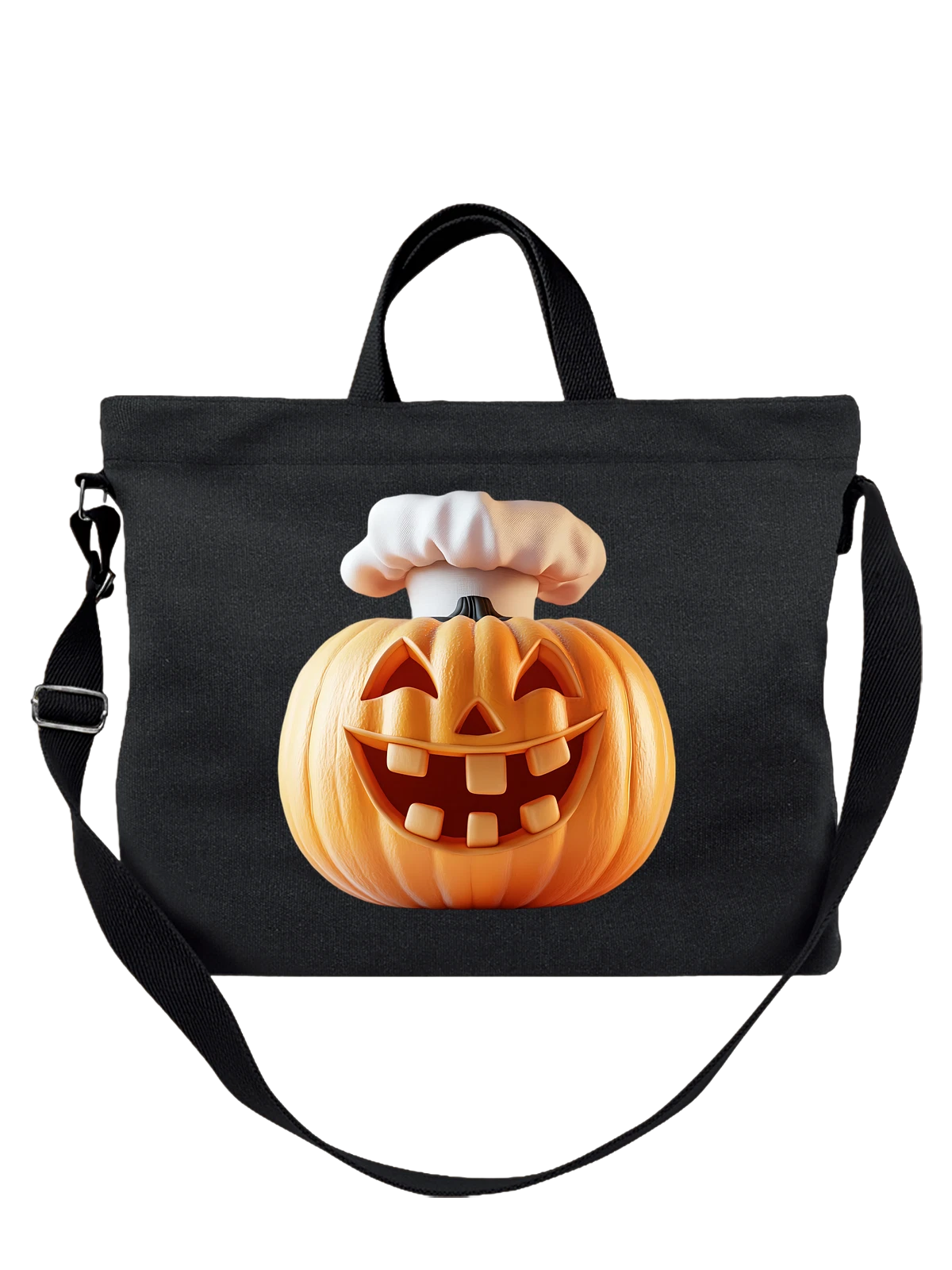 Сумка чёрная с принтом Тыква с зубастой улыбкой и шапкой шефа — jack o lantern — Чёрная, фото 1