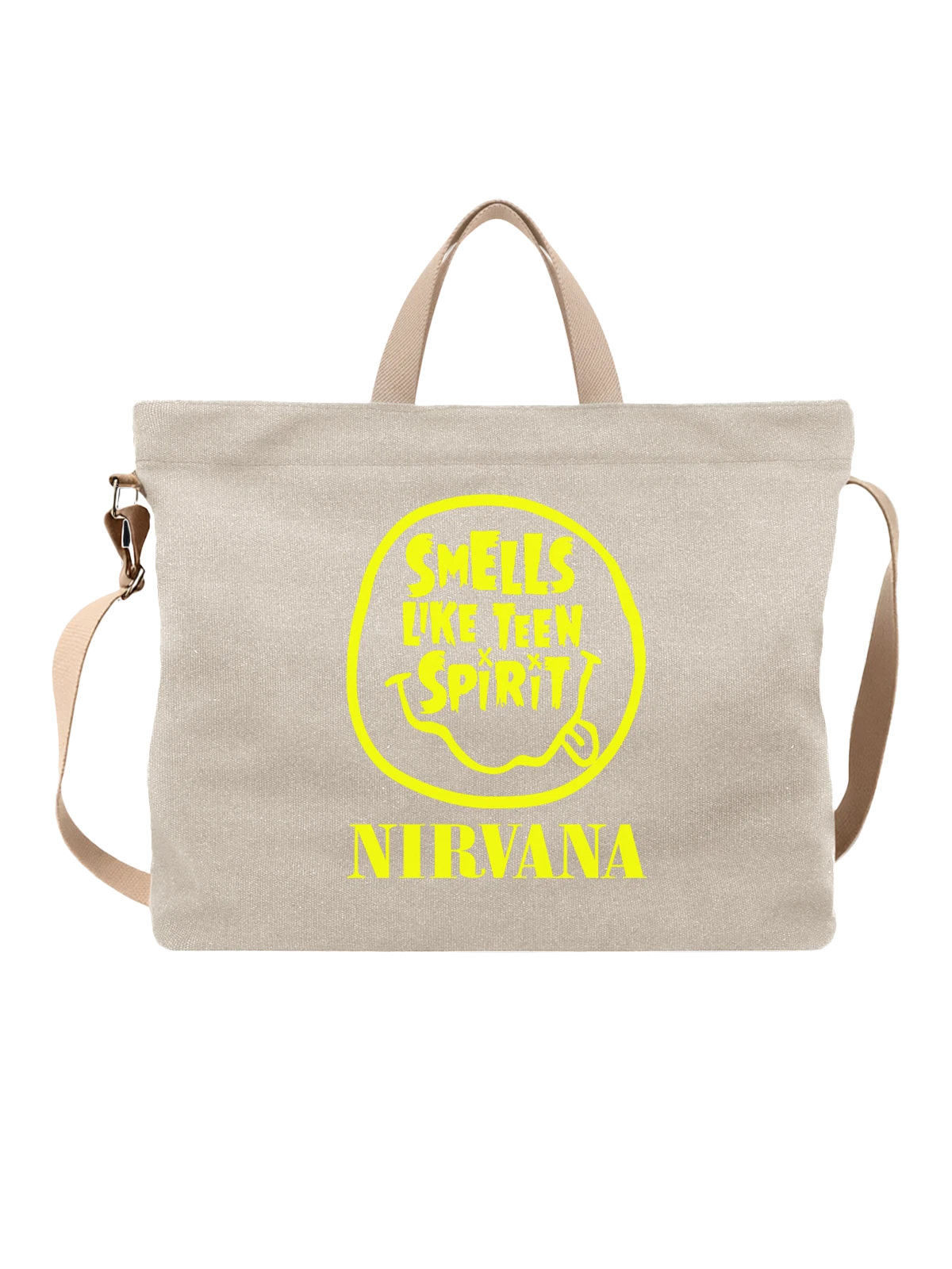 Сумка бежевая с принтом Nirvana Smells Like Teen Spirit — культовая рок-группа — Бежевая, фото 1