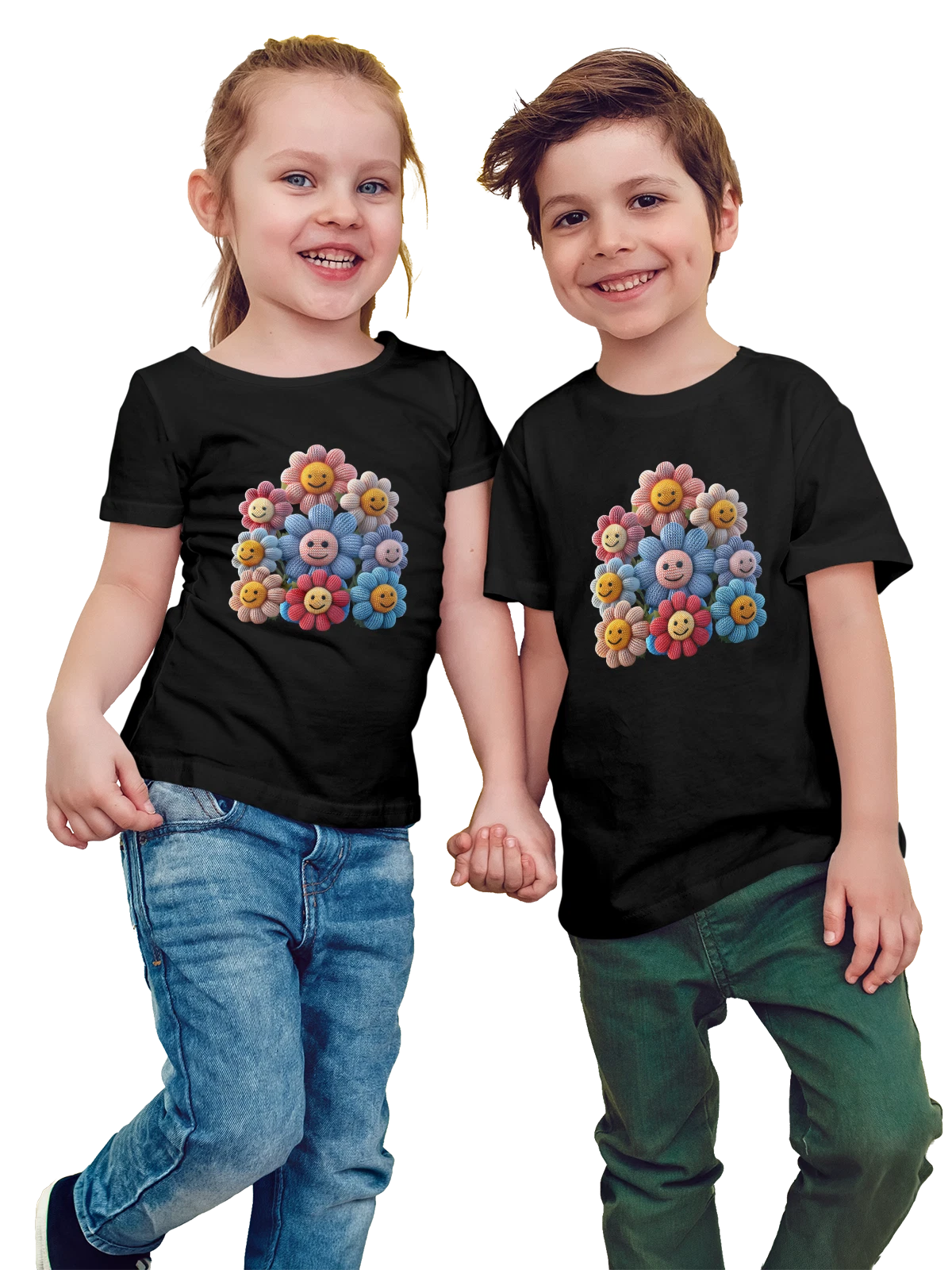 Футболка детская с вязаными цветами и смайликами чёрная с принтом — иллюстрация — Чёрная, фото 1