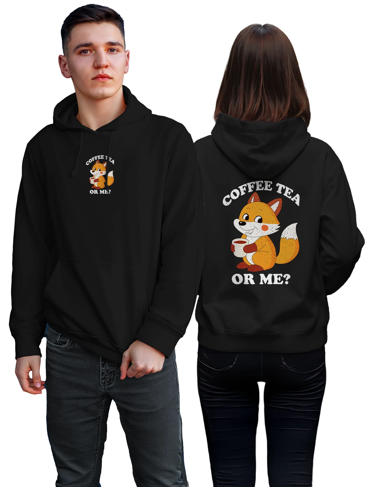 Худи Лиса с кофе coffee tea or me чёрное с принтом — природная тематика — Чёрная, фото 1