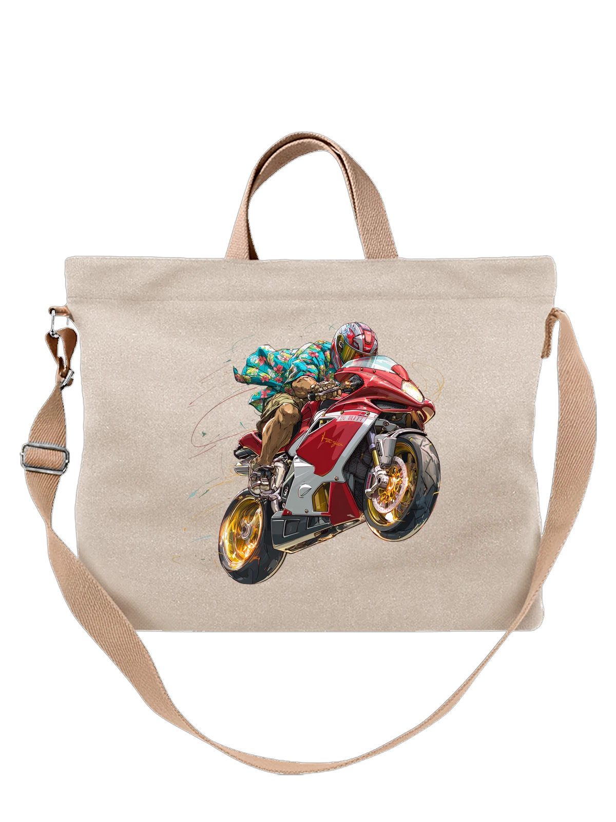 Сумка бежевая с принтом Гонщик на спортбайке в тропической рубашке — мотоспорт — Бежевая, фото 1