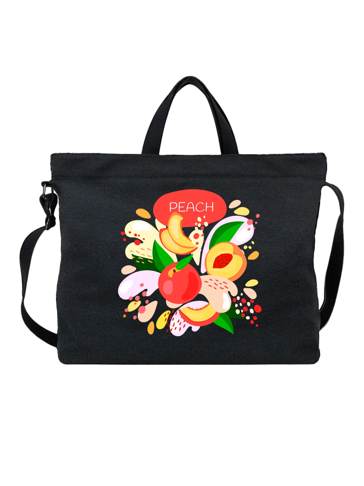 Сумка Персики peach чёрная с принтом — растительная пища — Чёрная, фото 1