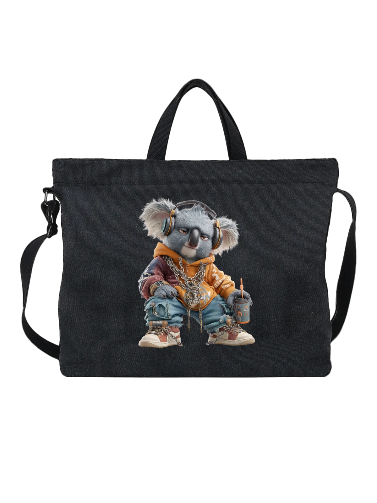 Сумка чёрная с принтом Коала в наушниках и цепях — коала в streetwear — Чёрная, фото 1