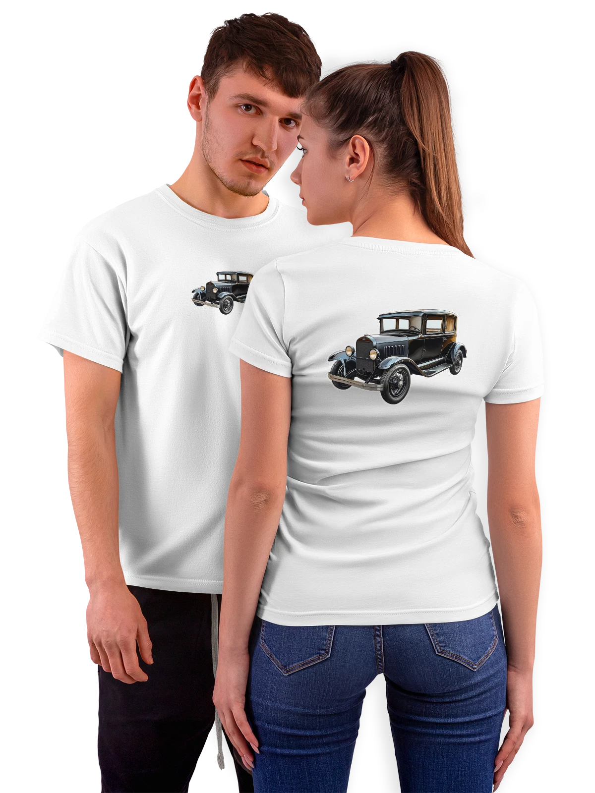 Футболка Ретро автомобиль Ford Model A черный белая с принтом на спине — американский автомобиль — Белая, фото 1
