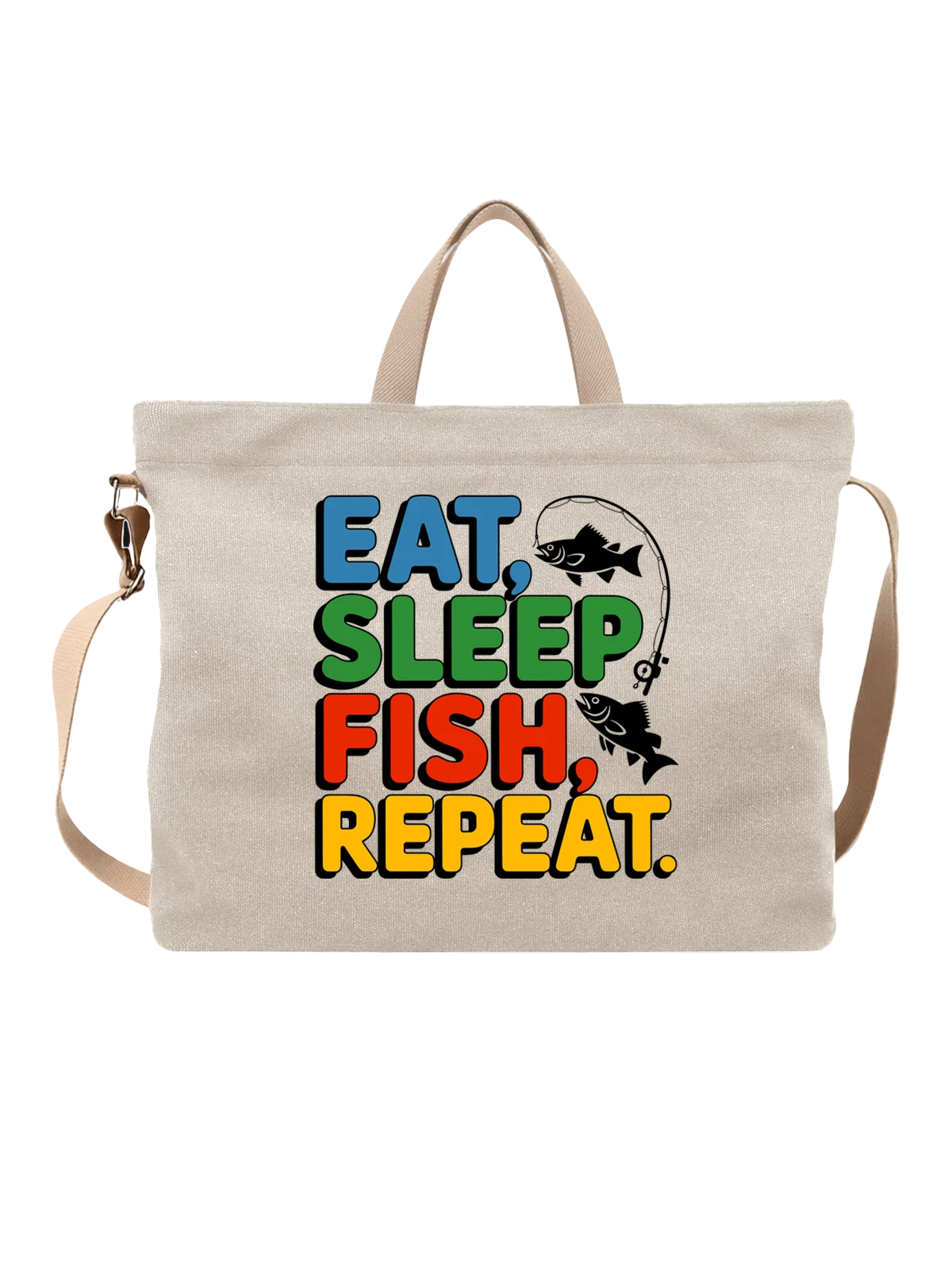 Сумка бежевая с принтом с надписью Eat Sleep Fish Repeat — рыбная ловля — Бежевая, фото 1