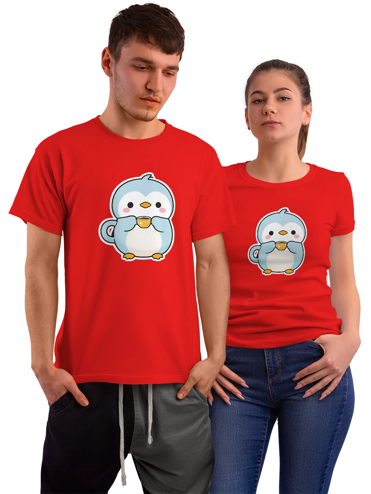 Футболка Милый пингвин с чашкой кофе красная с принтом — kawaii penguin — Красная, фото 1