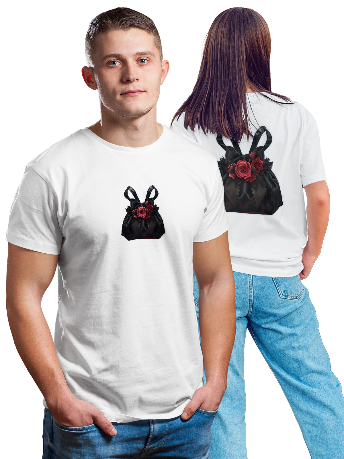 Футболка Черная женская сумка с красными розами белая с принтом на спине — сатиновая лента — Белая, фото 1