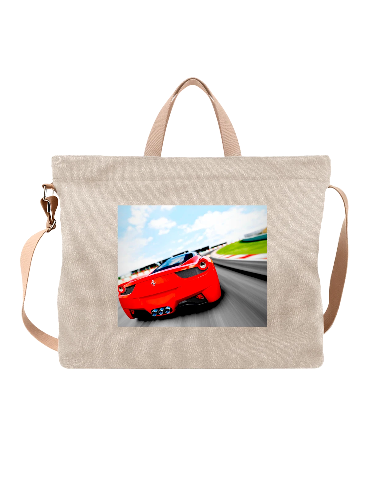 Сумка бежевая с принтом Машина ferrari скорости — легендарная модель — Бежевая, фото 1
