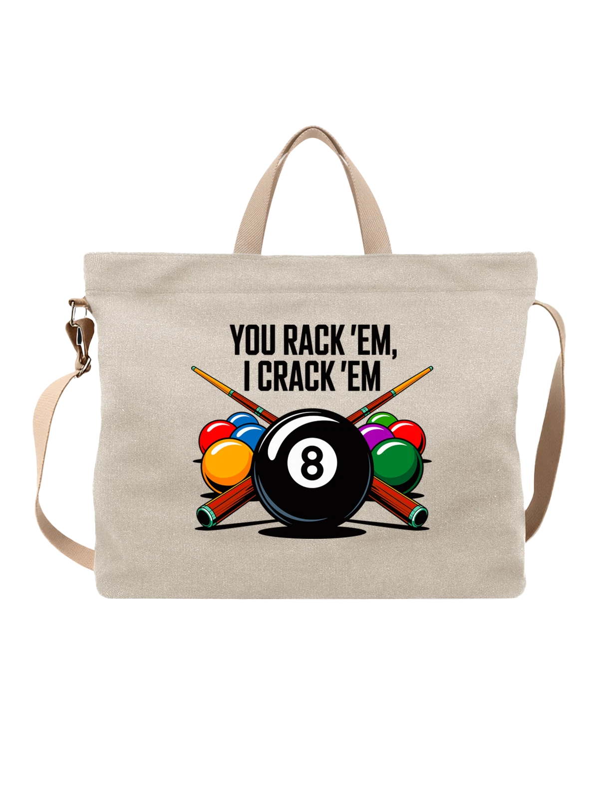 Сумка бежевая с принтом Бильярдный шар 8 с киями и шарами — black 8-ball — Бежевая, фото 1
