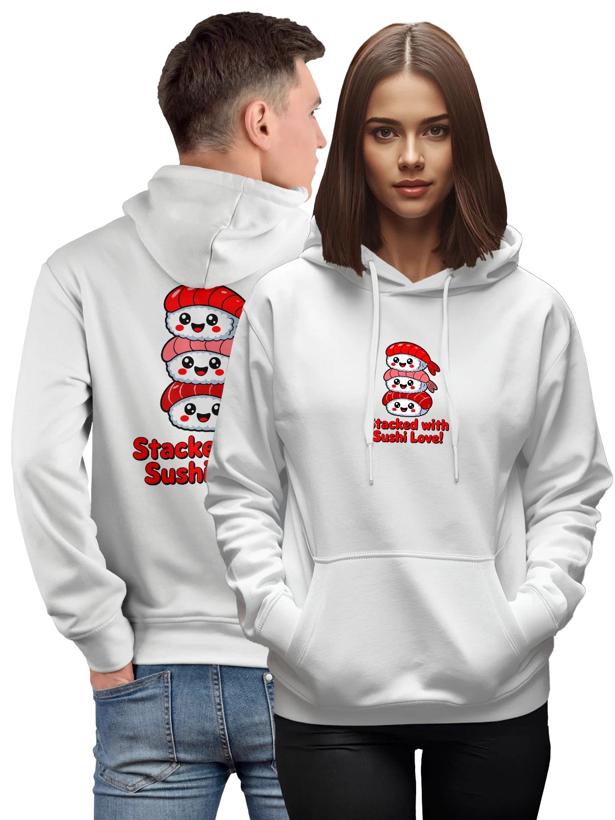 Худи с милыми суши в стопке Stacked with Sushi Love белое с принтом — stacked with sushi love — Белая, фото 1