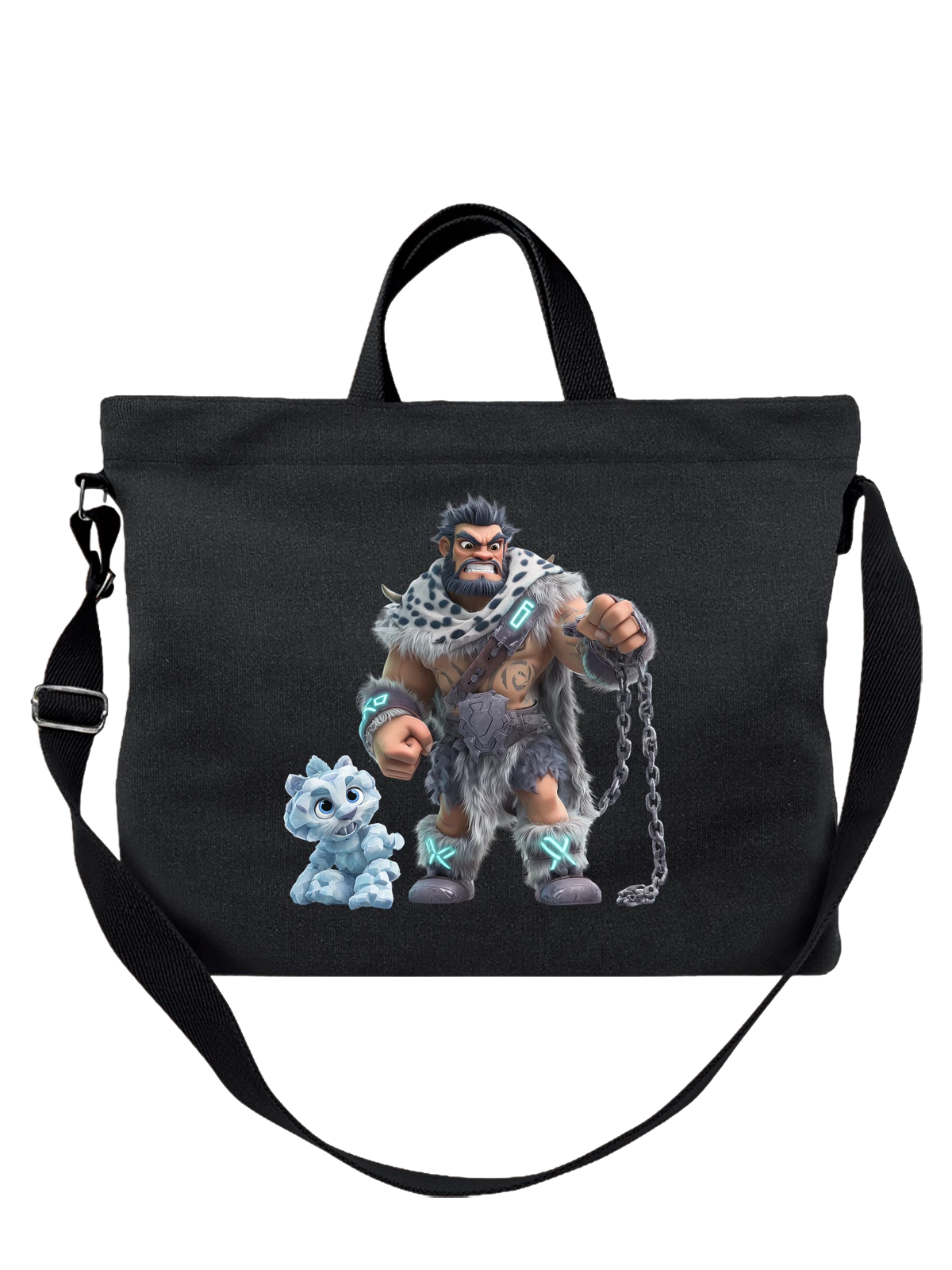 Сумка чёрная с принтом Злой варвар с ледяным спутником — фэнтези персонаж — Чёрная, фото 1