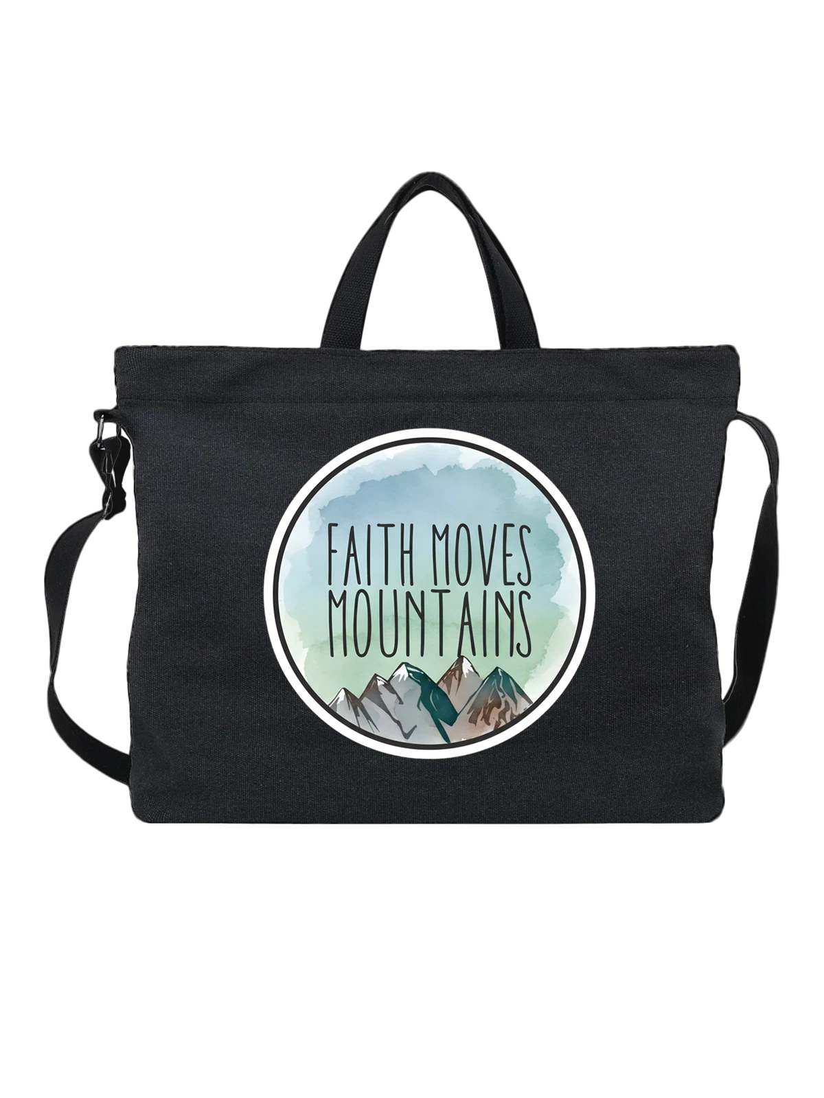 Сумка чёрная с принтом Faith Moves Mountains с горными вершинами — мотивация — Чёрная, фото 1