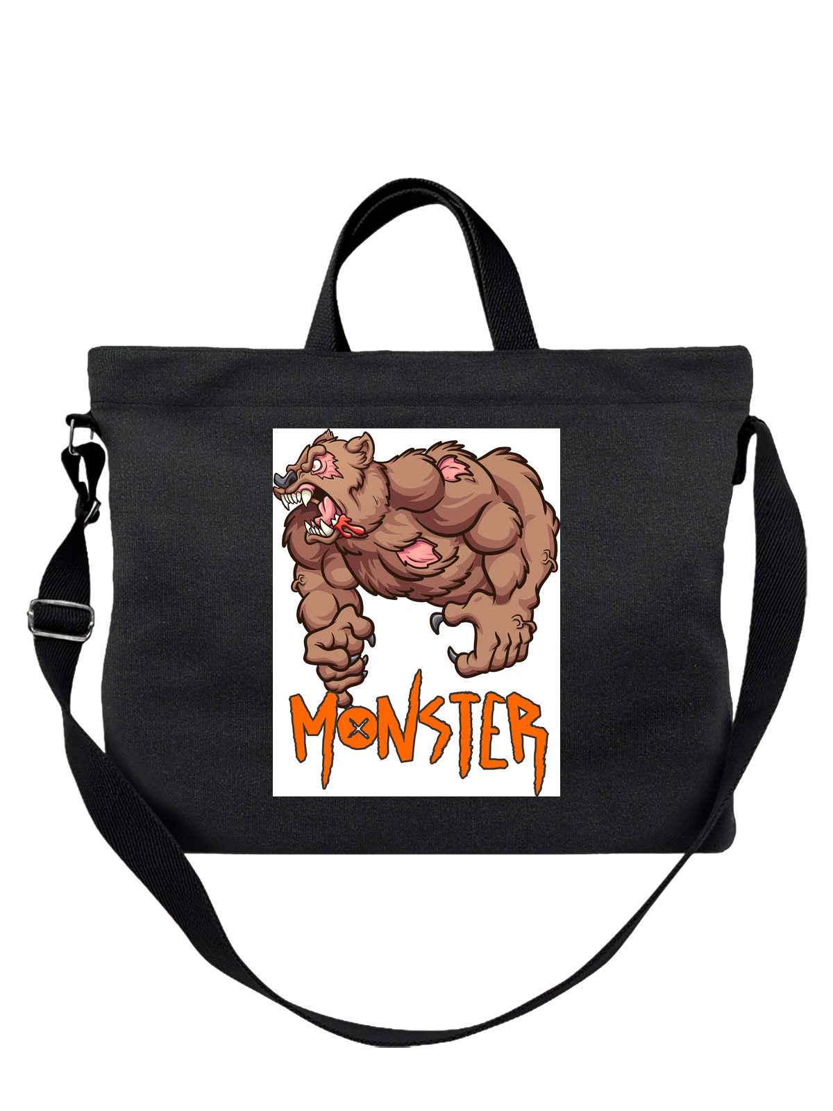 Сумка чёрная с принтом Монстр медведь с клыками и когтями MONSTER — страшный медведь — Чёрная, фото 1