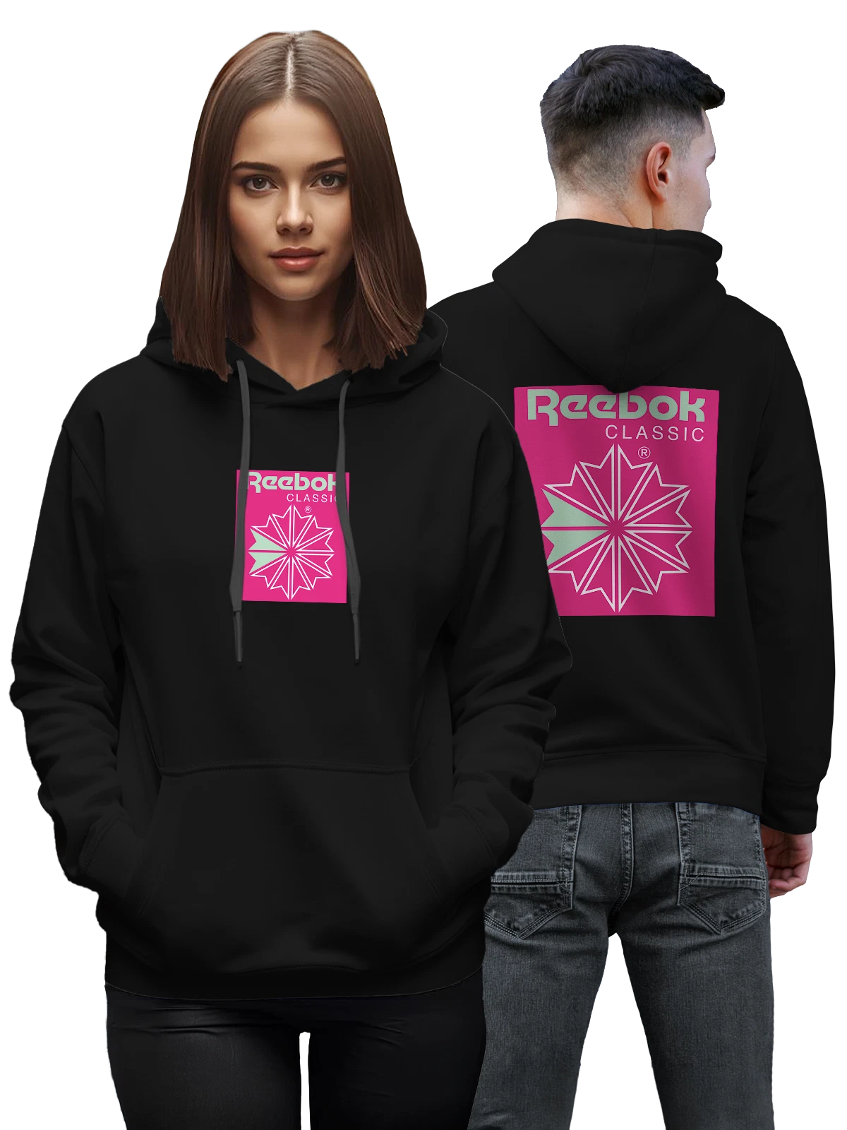Худи Reebok чёрное с принтом — контрастная ретро эмблема — Чёрная, фото 1