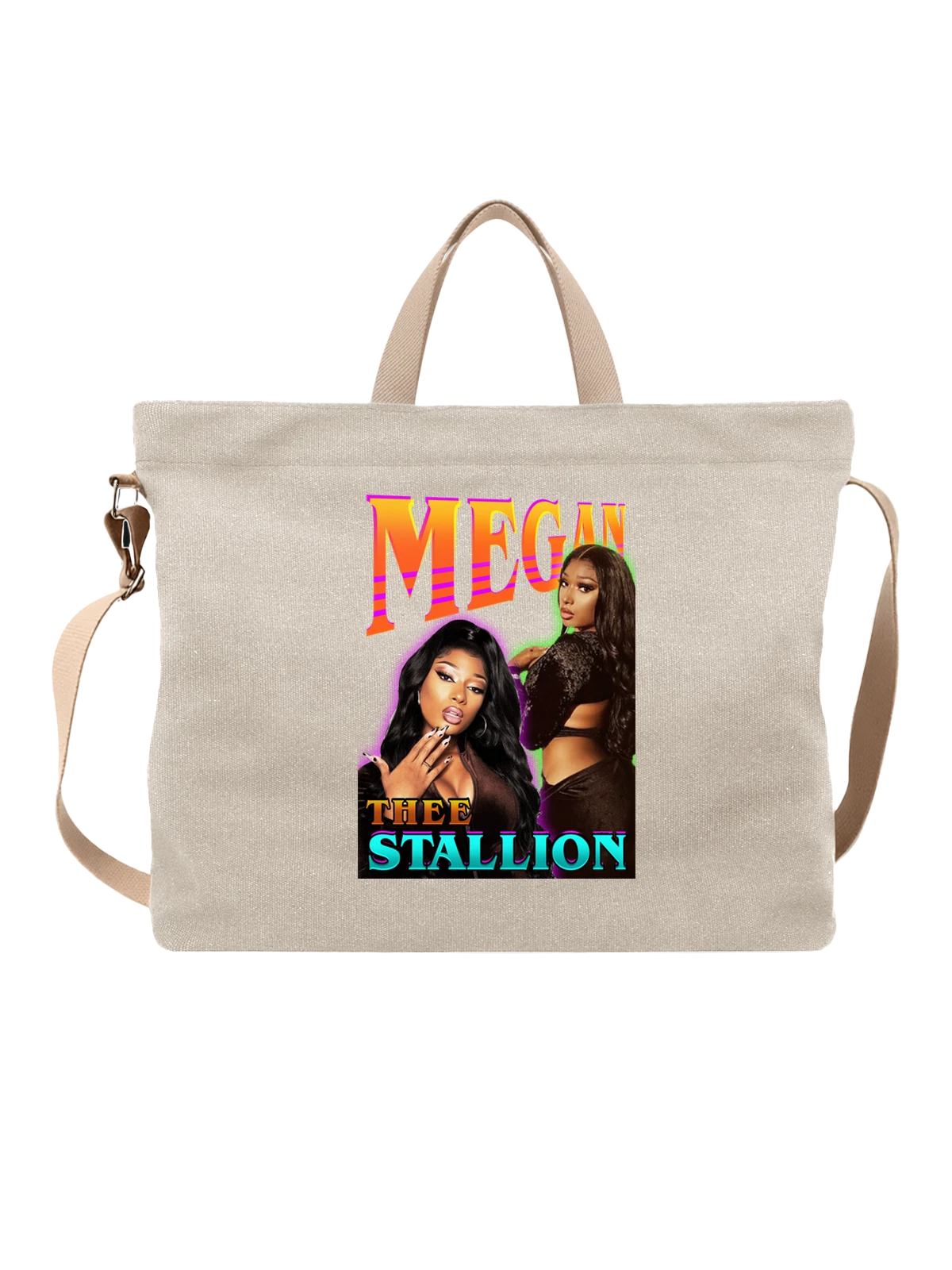 Сумка Megan Thee Stallion в ярком неоновом стиле белая с принтом — музыкальный принт — Белая, фото 1