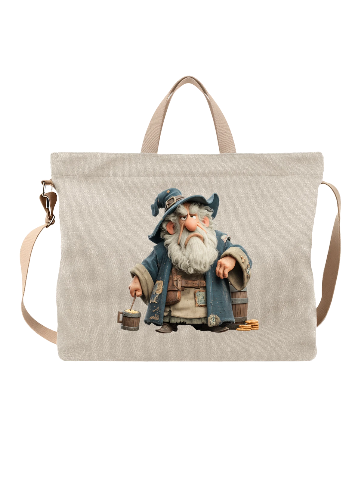 Сумка бежевая с принтом Сердитый старый wizard с кашей и посохом — синяя шляпа с широкими полями — Бежевая, фото 1