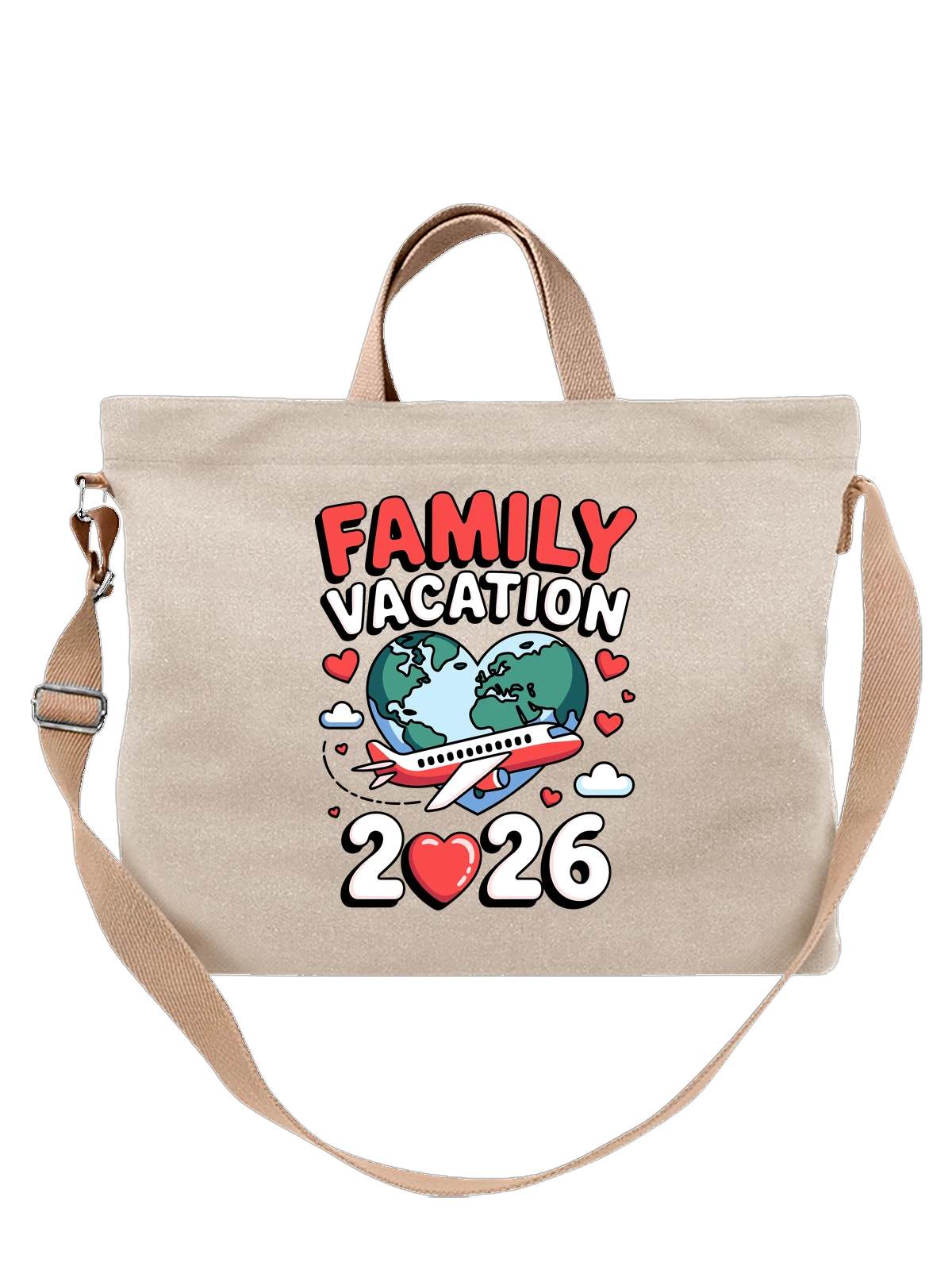 Сумка бежевая с принтом Family Vacation с самолетом и сердцем — перелет — Бежевая, фото 1