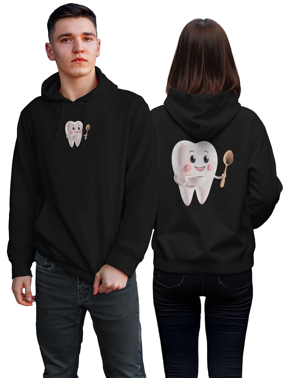 Худи Улыбающийся зуб с чашкой и ложкой чёрное с принтом — стоматология — Чёрная, фото 1