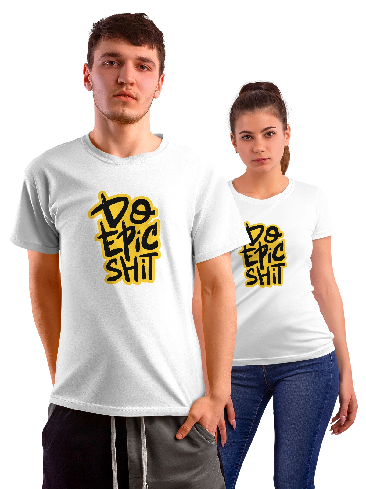 Футболка Be Epic Shit на жёлтом фоне белая с принтом — постерный дизайн — Белая, фото 1