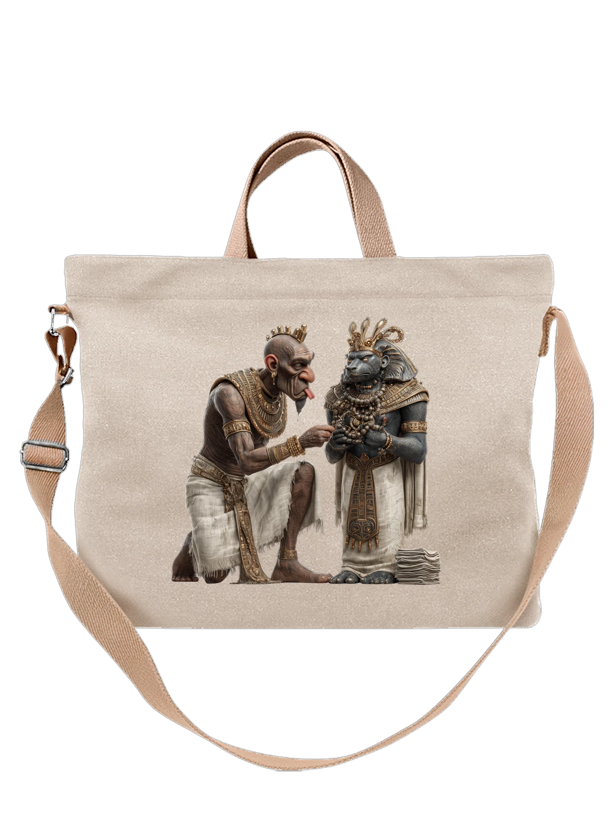 Сумка бежевая с принтом Два древнеегипетских фараона в коронах — ритуальная одежда — Бежевая, фото 1