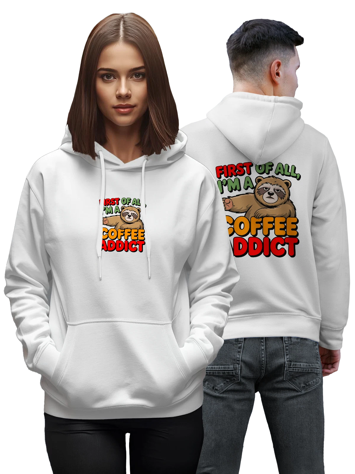 Худи Ленивец I M A COFFEE ADDICT белое с принтом — ленивец с чашкой — Белая, фото 1