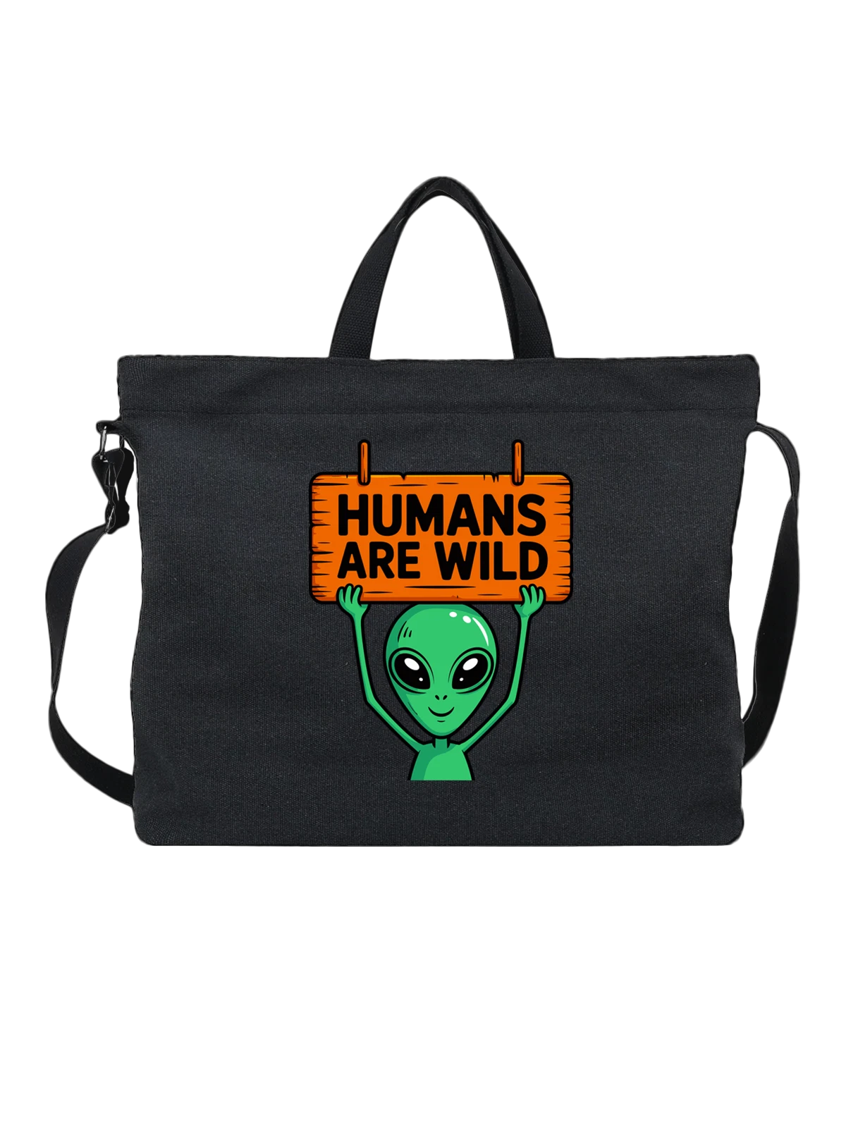 Сумка чёрная с принтом Зелёный инопланетянин с табличкой Humans Are Wild — космос — Чёрная, фото 1