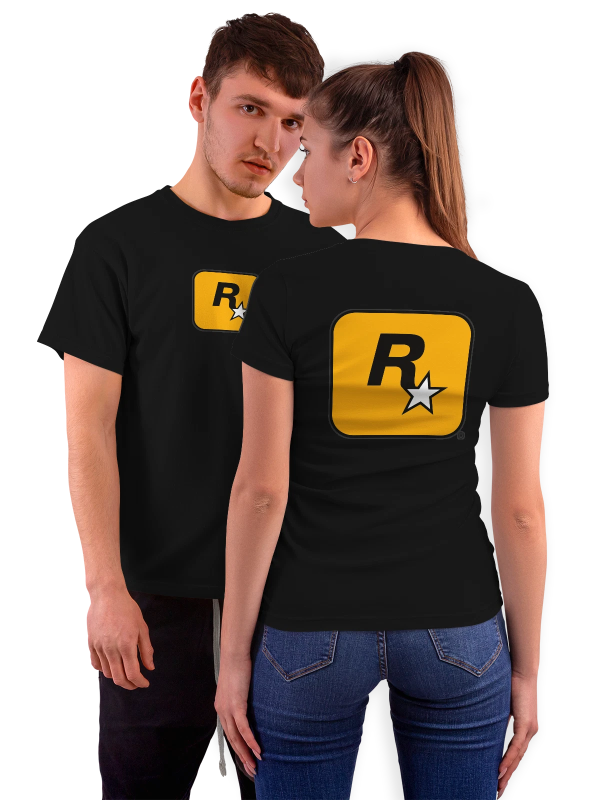 Футболка Логотип Rockstar Games R* желтый фон чёрная с принтом на спине — видеоигры — Чёрная, фото 1