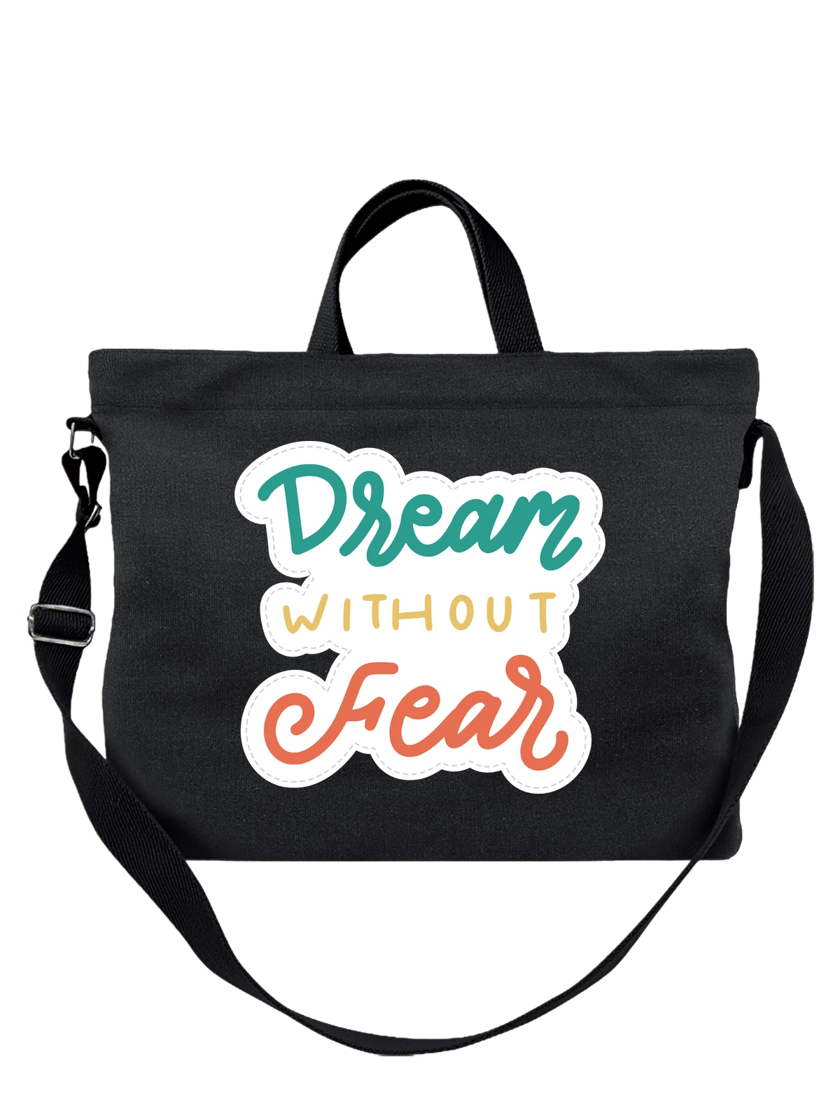 Сумка чёрная с принтом Надпись Dream Without Fear цветные буквы — вдохновение — Чёрная, фото 1