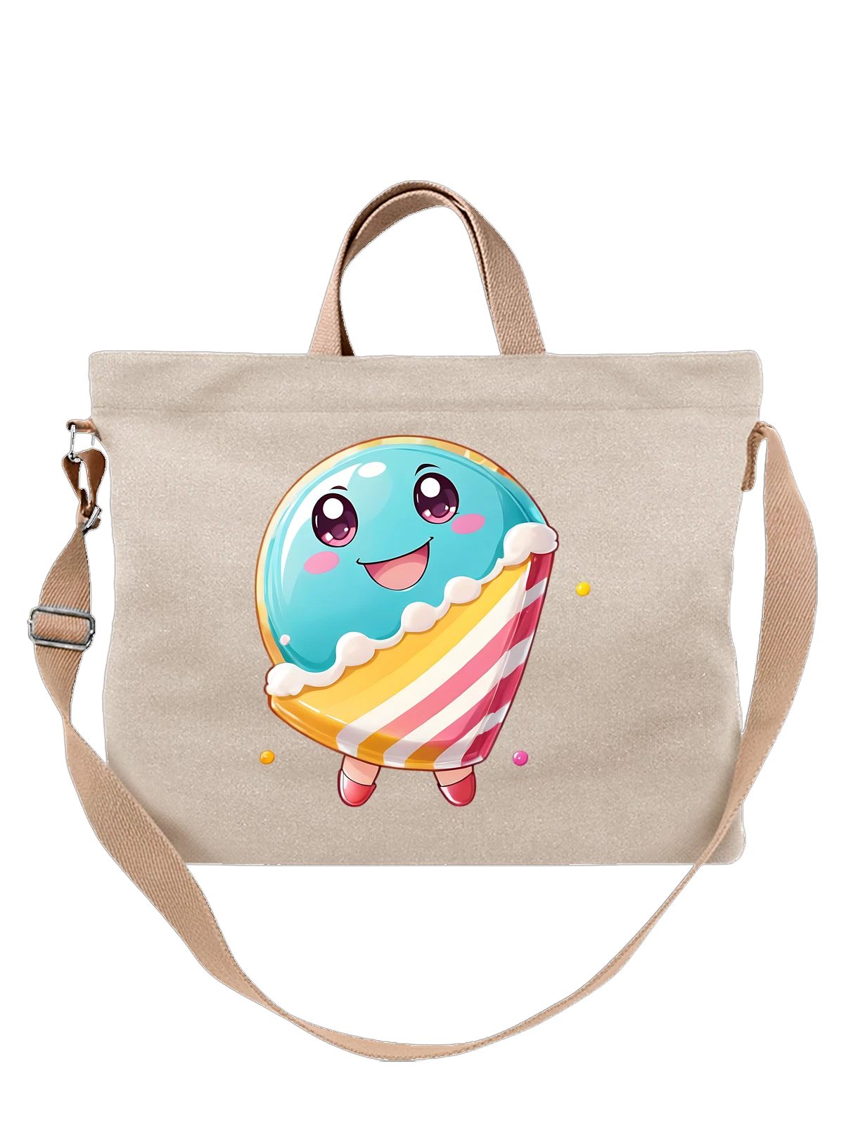 Сумка бежевая с принтом Милое мороженое с улыбающимся лицом — kawaii character — Бежевая, фото 1