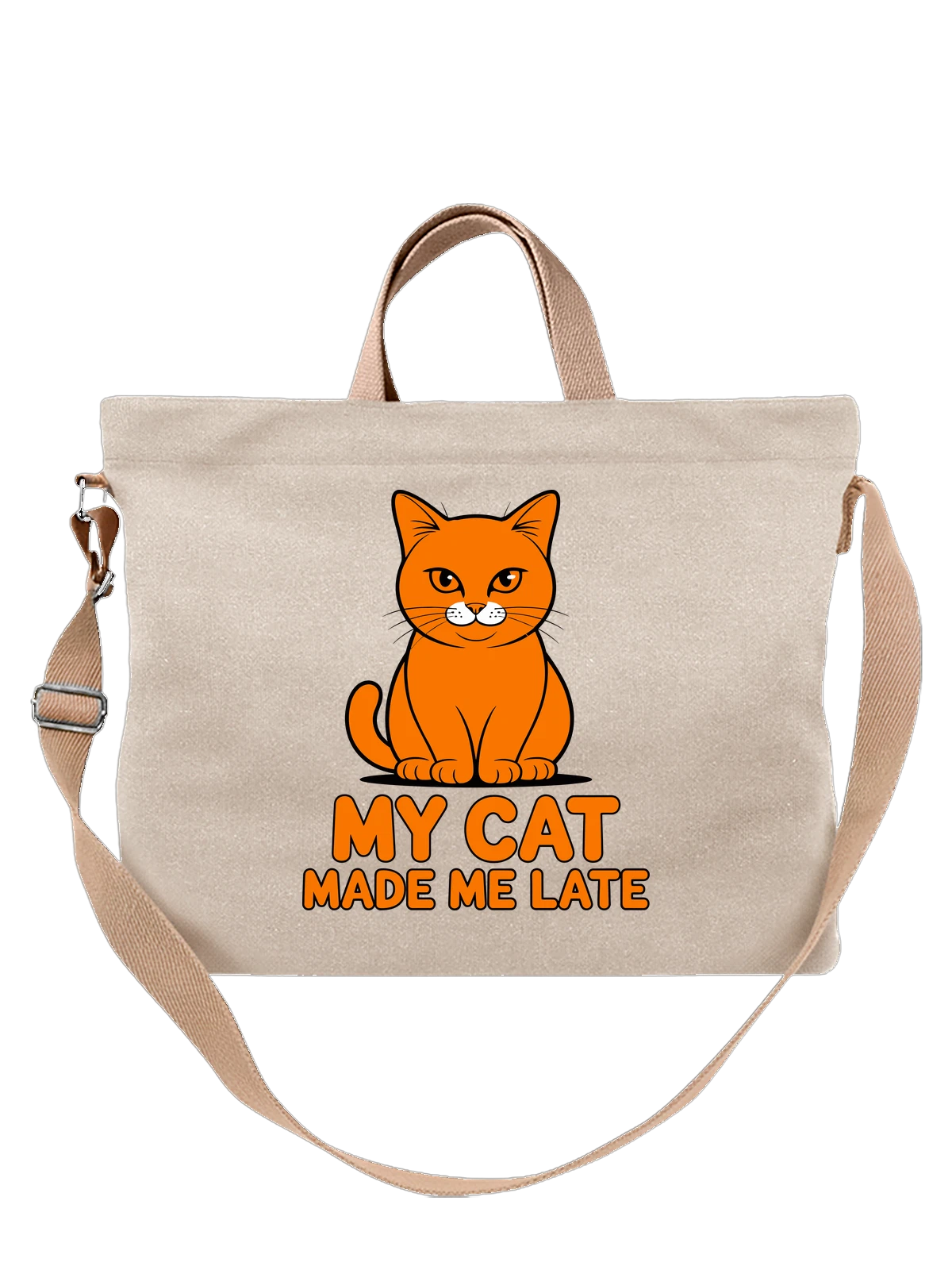 Сумка бежевая с принтом Оранжевый кот MY CAT MADE ME LATE — cartoon style — Бежевая, фото 1