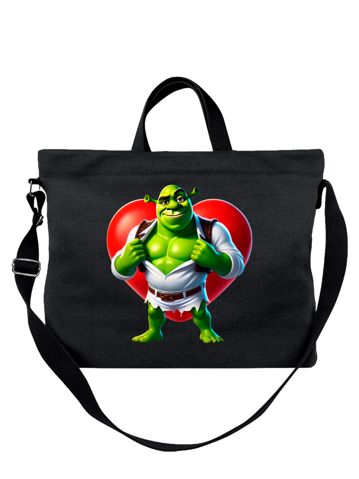 Сумка со Шреком Shrek сердечко чёрная с принтом — парный образ — Чёрная, фото 1