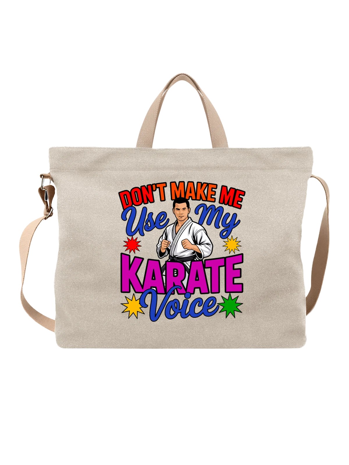 Сумка бежевая с принтом Каратист с надписью Don't Make Me Use My Karate — стойка бойца — Бежевая, фото 1