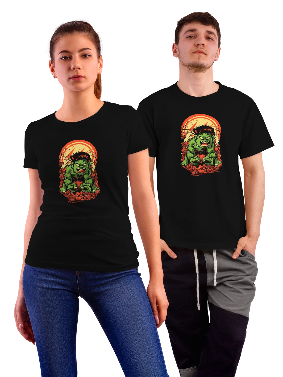 Футболка Зеленый гигант монстр среди красных руин чёрная с принтом — разрушения — Чёрная, фото 1