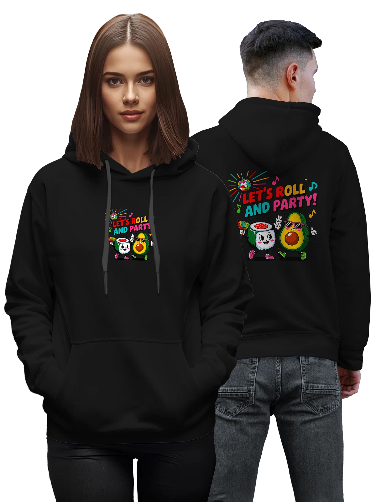 Худи Авокадо и суши с Let s Roll and Party чёрное с принтом — танцевальная вечеринка — Чёрная, фото 1
