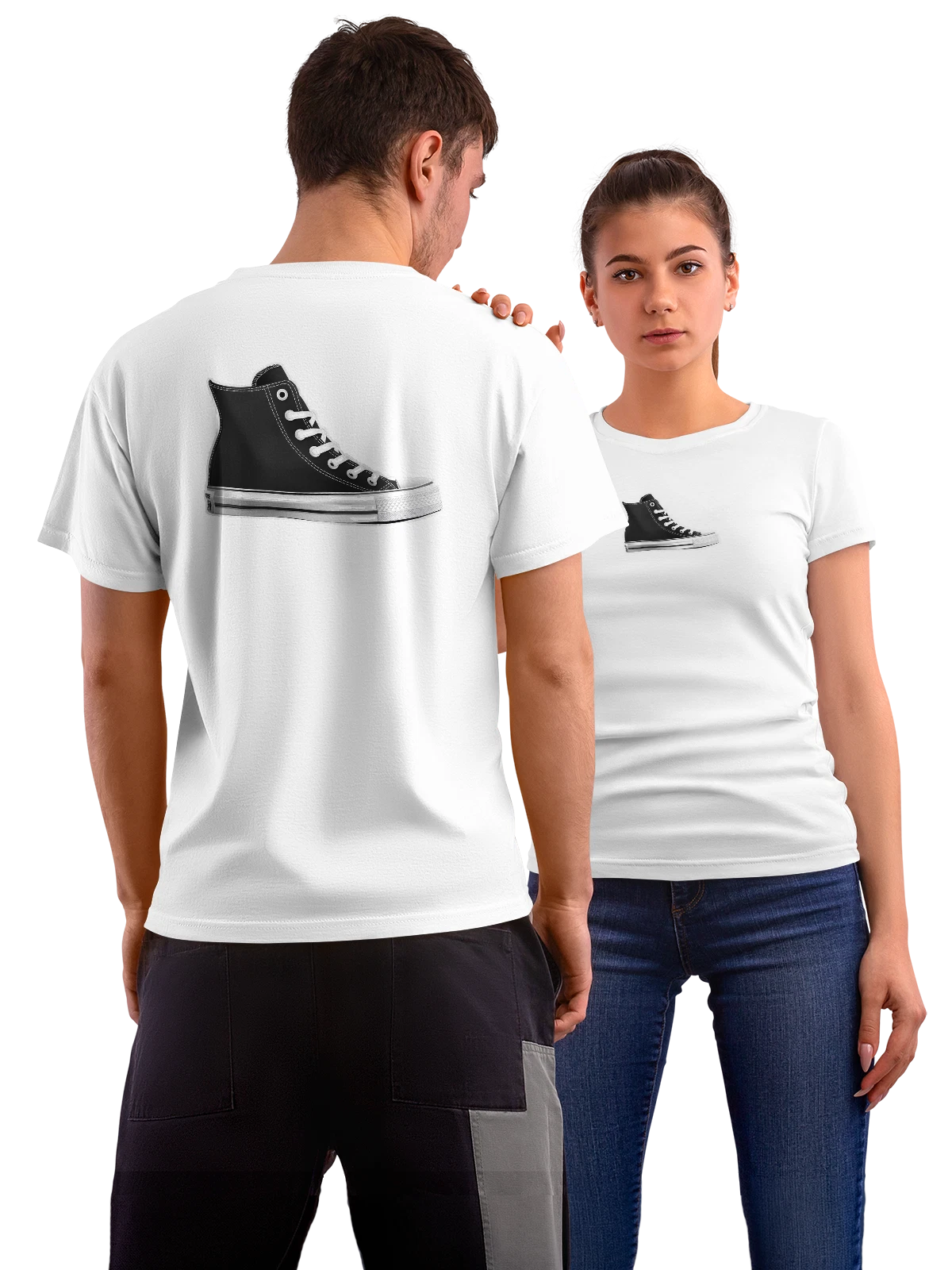 Футболка Черный высокий кед Converse на белой подошве белая с принтом на спине — белые шнурки — Белая, фото 1