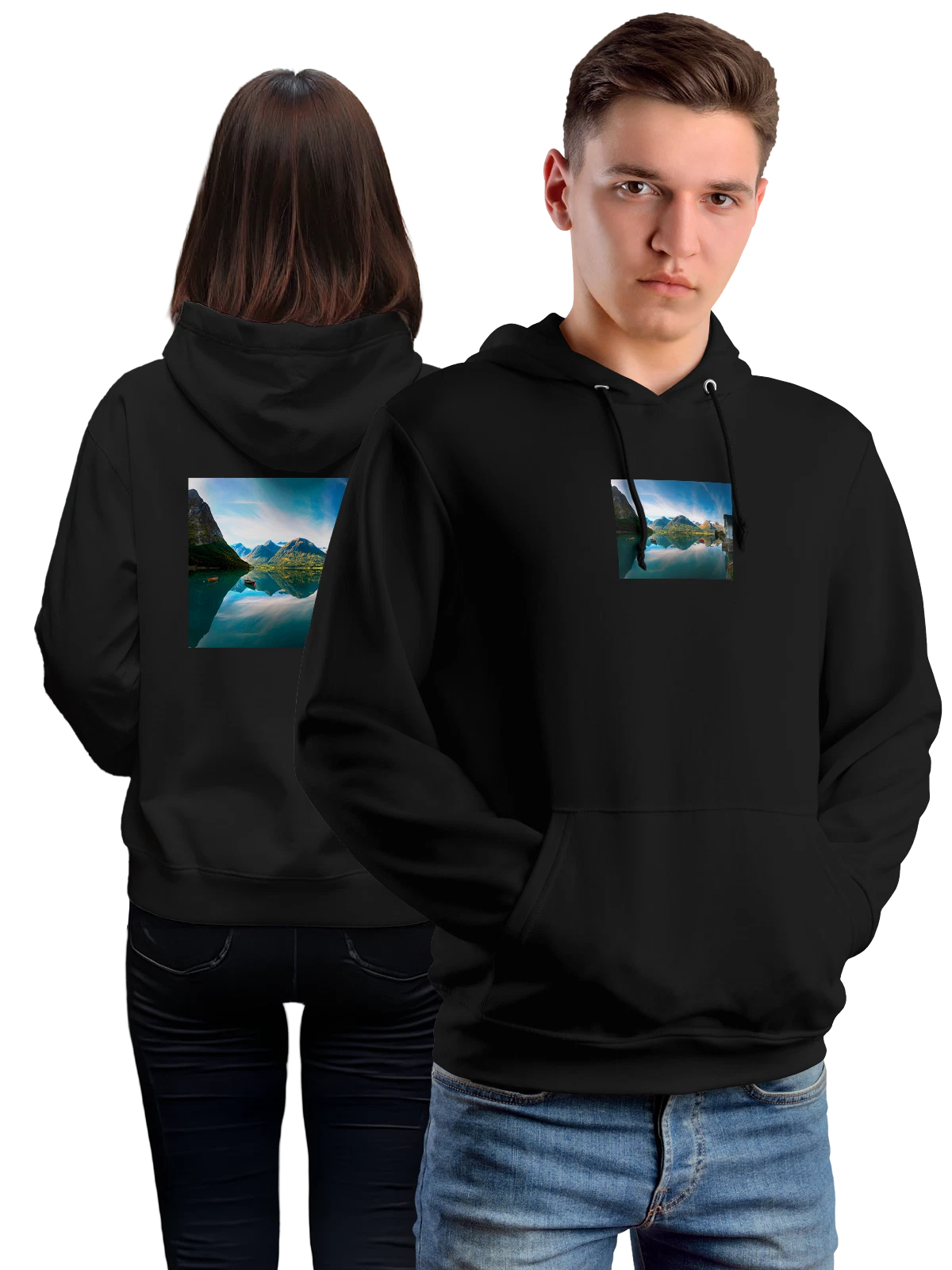 Худи Природа Дом у озера вода чёрное с принтом — живописное место — Чёрная, фото 1