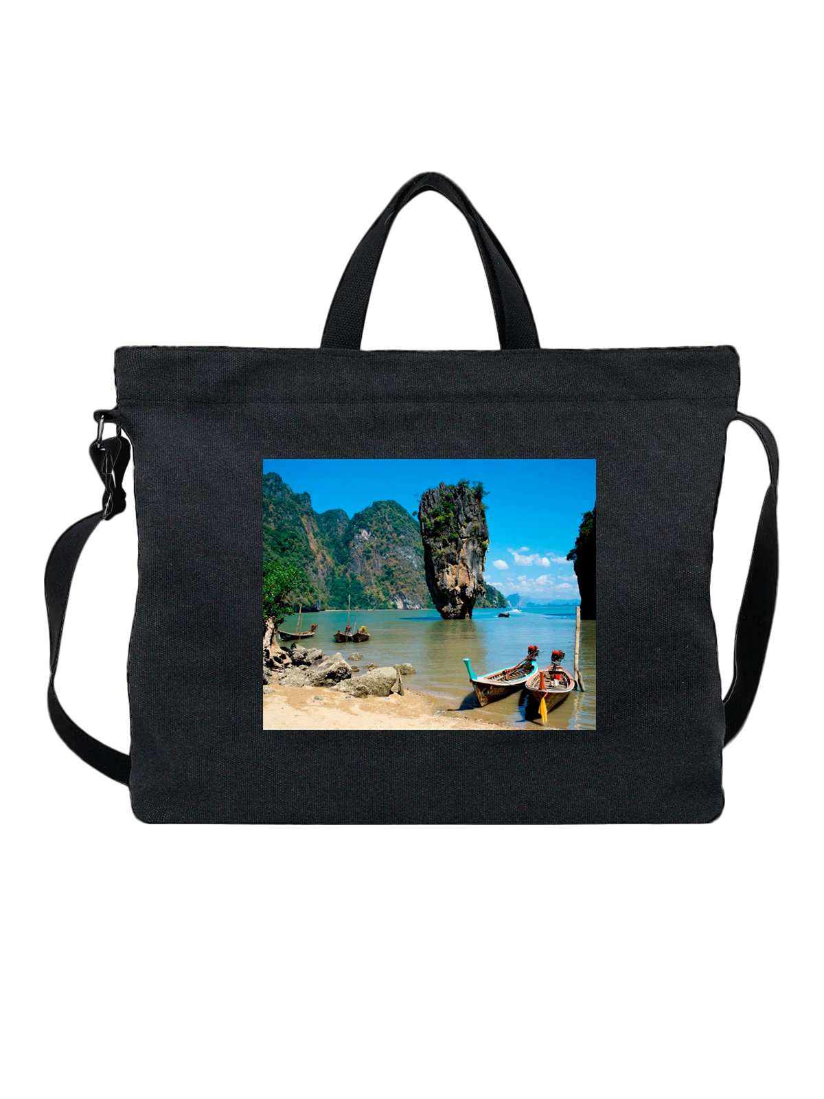 Сумка чёрная с принтом Страна Phang Nga Bay Phuket Thailand азия — туристический маршрут — Чёрная, фото 1