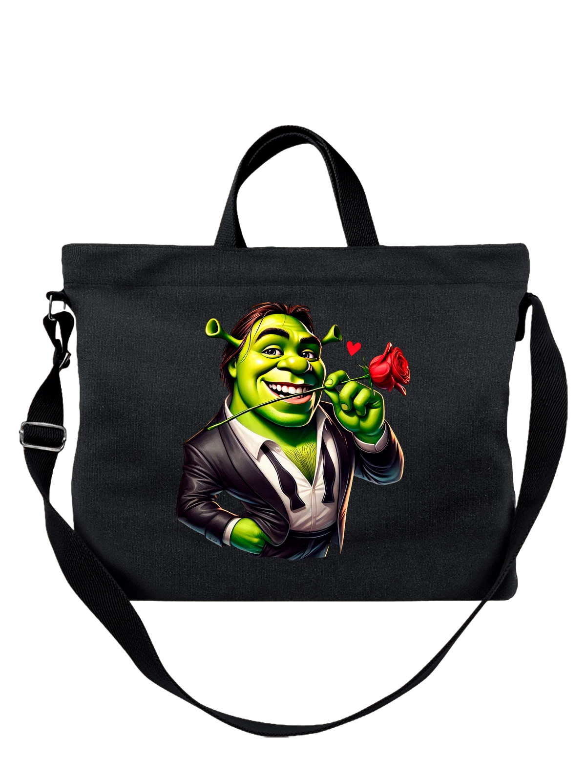 Сумка Шрек Shrek с розой чёрная с принтом — подарок любимой — Чёрная, фото 1