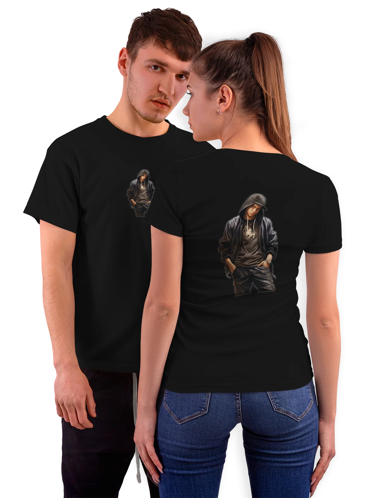 Футболка Парень в черной худи с капюшоном чёрная с принтом на спине — уличный стиль — Чёрная, фото 1