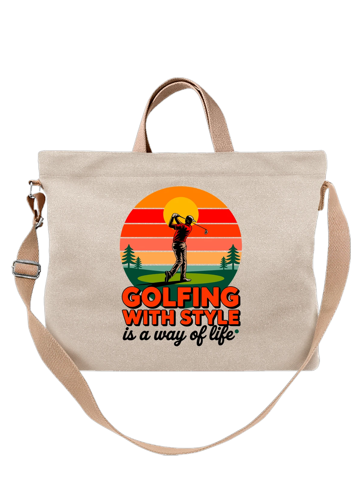 Сумка бежевая с принтом Гольфист на закате Golfing with Style — силуэт игрока — Бежевая, фото 1