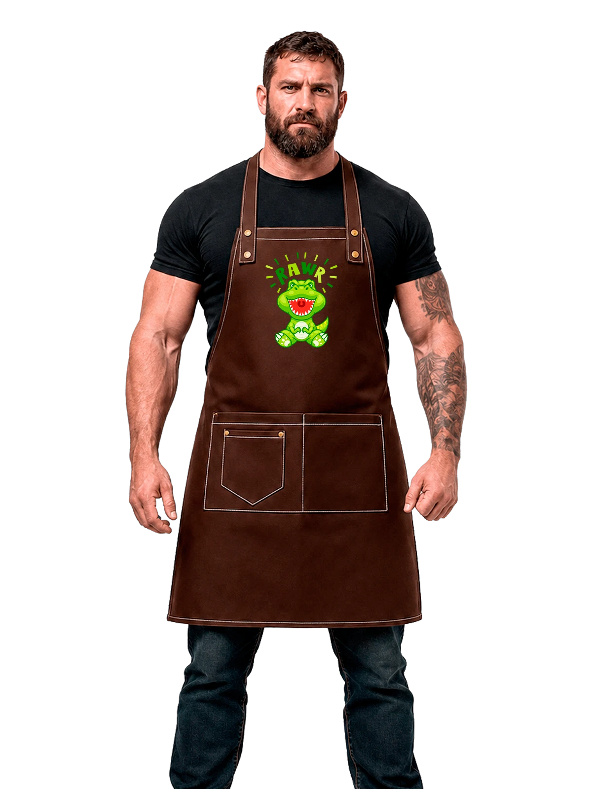 Фартук Динозавр чёрный с принтом — принт с надписью — Чёрная, фото 1