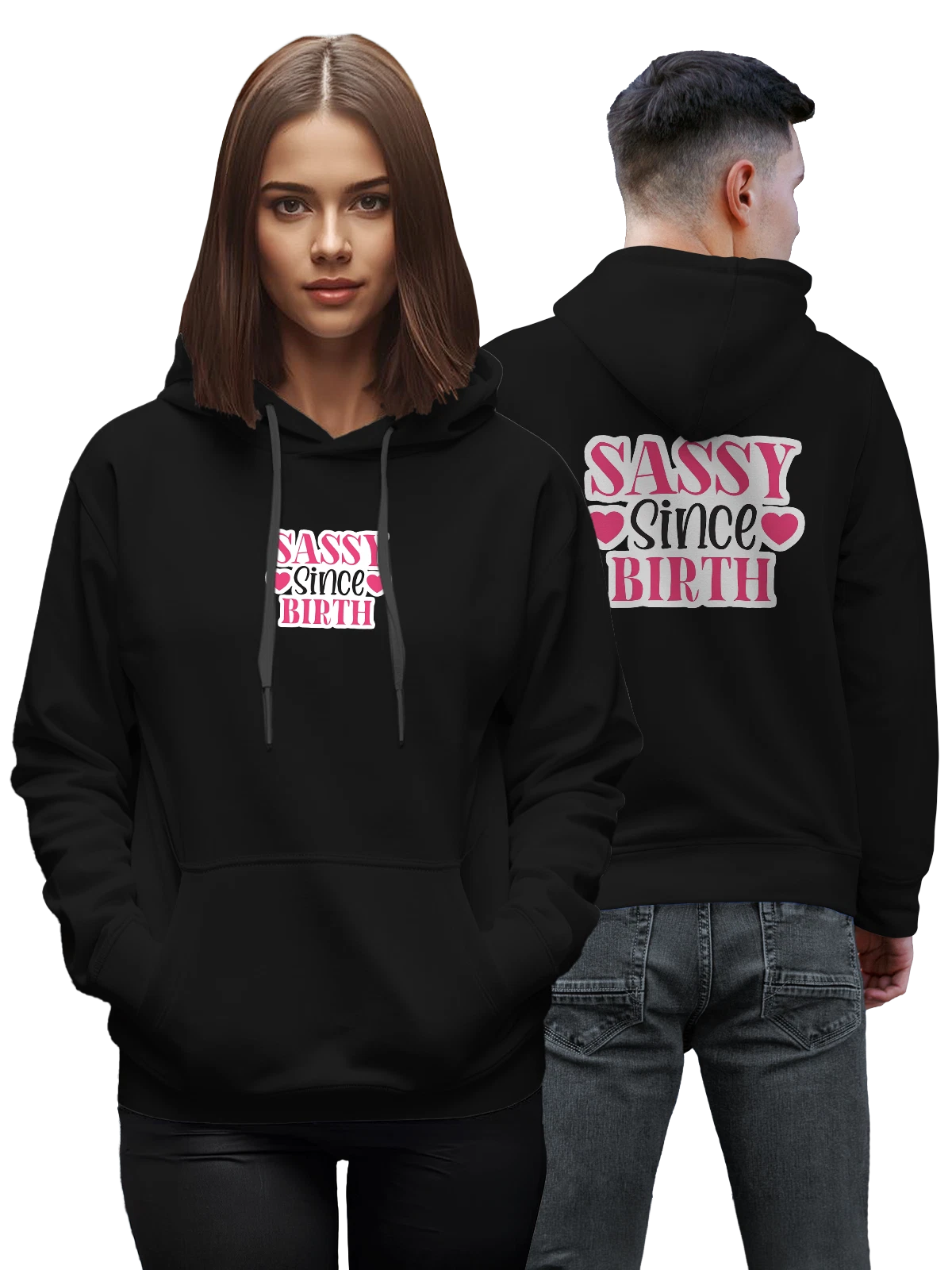 Худи Sassy Since Birth с розовыми сердцами чёрное с принтом — дерзкий слоган — Чёрная, фото 1