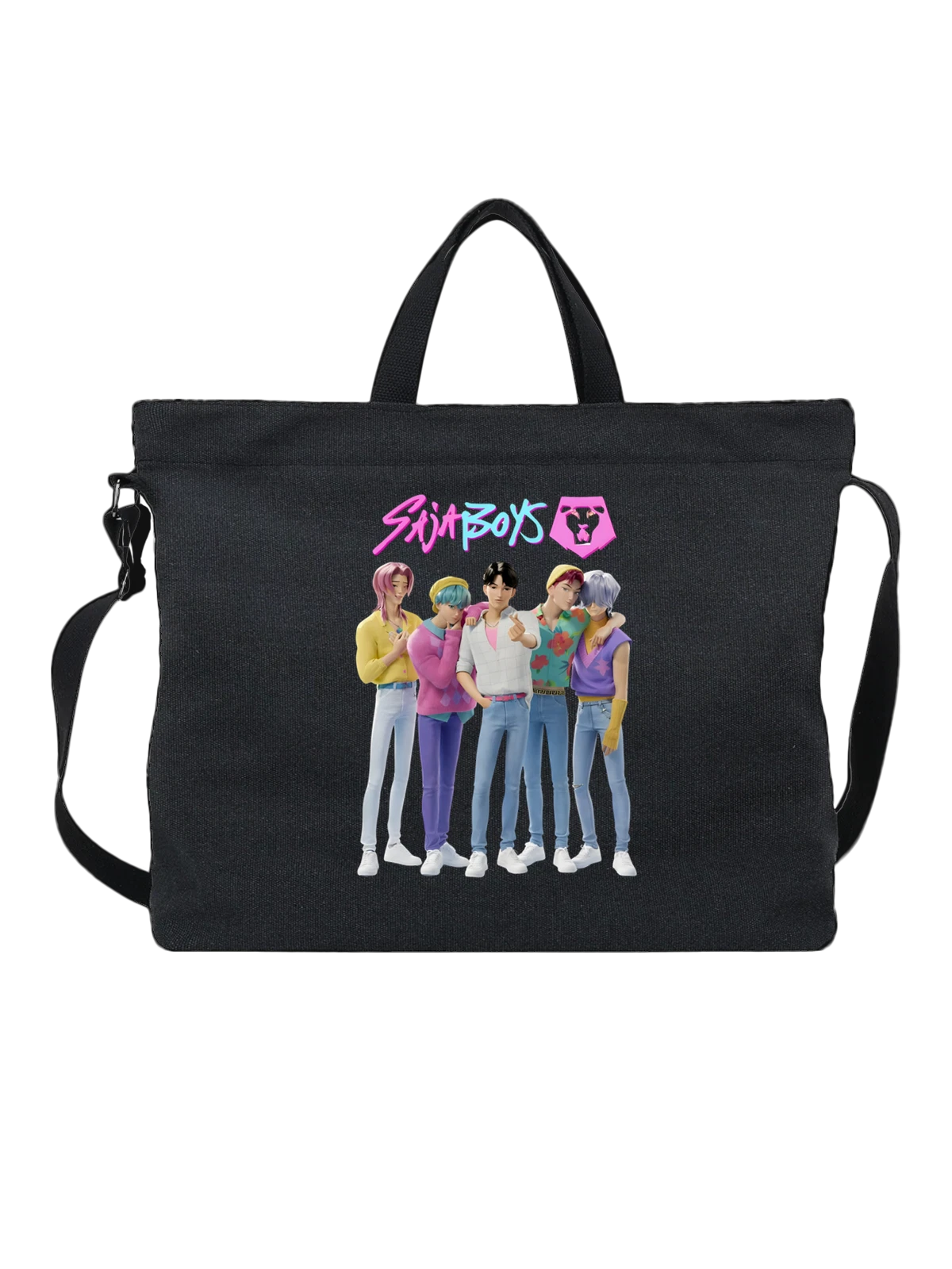 Сумка чёрная с принтом Мальчики группы Boyz и неоновая надпись — иллюстрация — Чёрная, фото 1